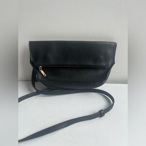 J.Crew‎ Bennett Black Leather Foldover Crossbody Bag Gold Hardware
